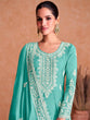 Load image into Gallery viewer, Aqua Green Embellished Chinon Zari Stitched Palazzo Suit Set