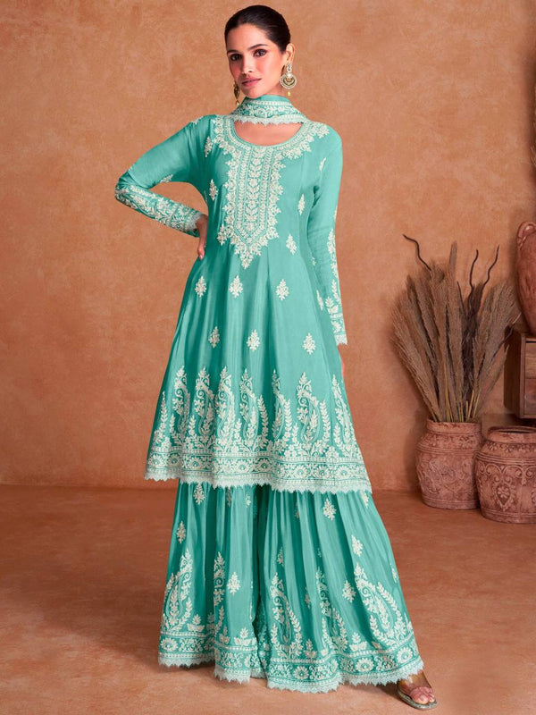Aqua Green Embellished Chinon Zari Stitched Palazzo Suit Set