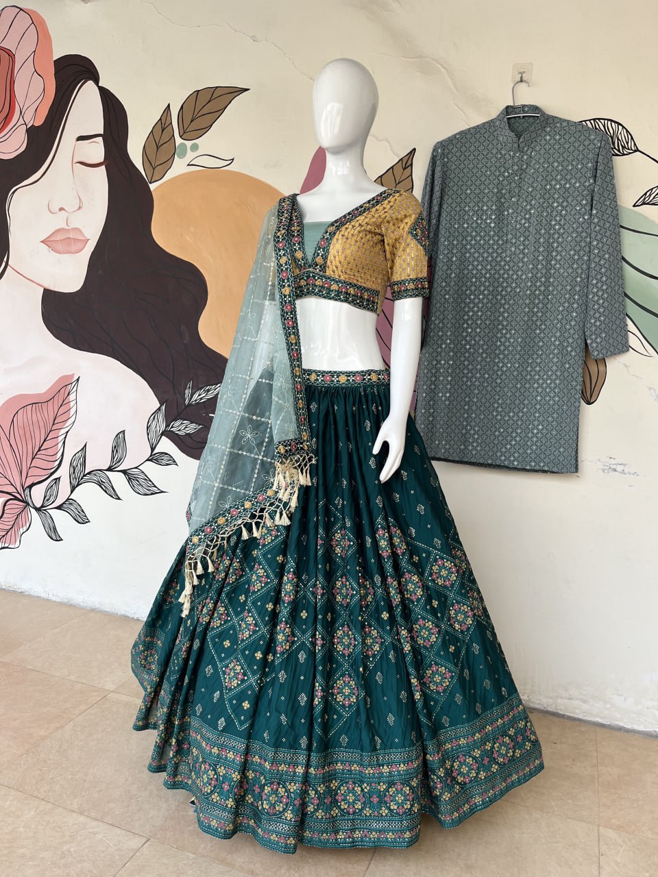 Aqua Green Full Stitched Lehenga Choli Set with Heavy Foil Print and Embroidery Work with Men Kurta Combo ClothsVilla