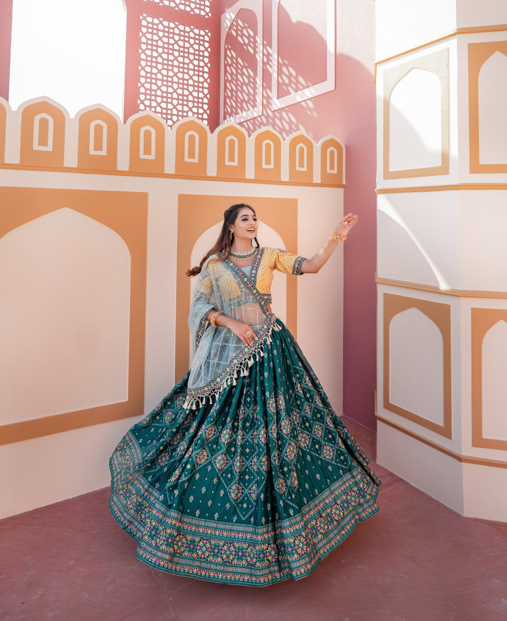 Aqua Green Full Stitched Lehenga Choli Set with Heavy Foil Print and Embroidery Work ClothsVilla