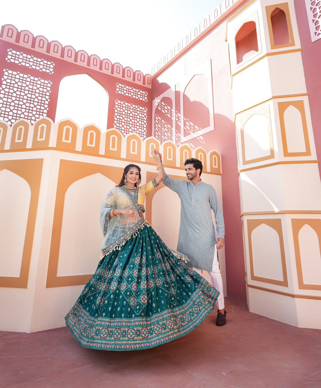 Aqua Green Full Stitched Lehenga Choli Set with Heavy Foil Print and Embroidery Work with Men Kurta Combo ClothsVilla