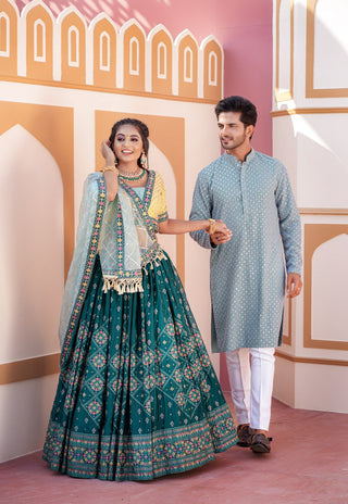 Aqua Green Full Stitched Lehenga Choli Set with Heavy Foil Print and Embroidery Work with Men Kurta Combo ClothsVilla