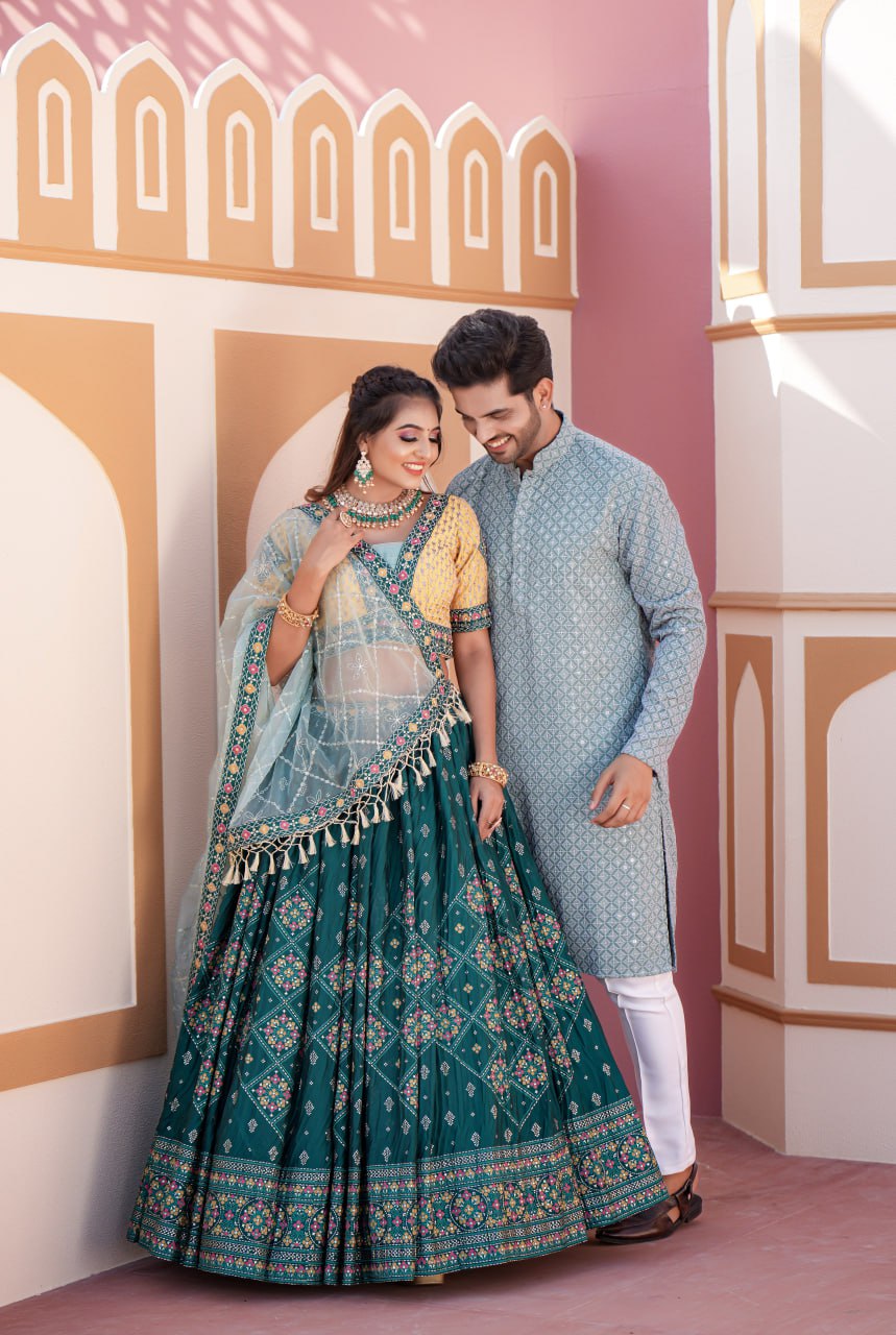Aqua Green Full Stitched Lehenga Choli Set with Heavy Foil Print and Embroidery Work with Men Kurta Combo ClothsVilla