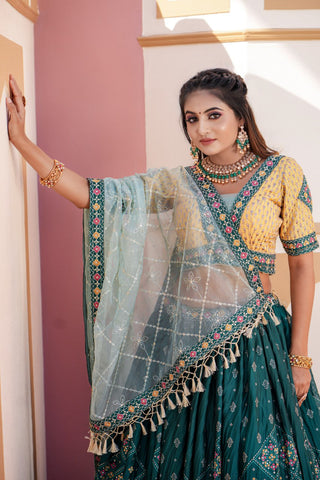 Aqua Green Full Stitched Lehenga Choli Set with Heavy Foil Print and Embroidery Work with Men Kurta Combo ClothsVilla