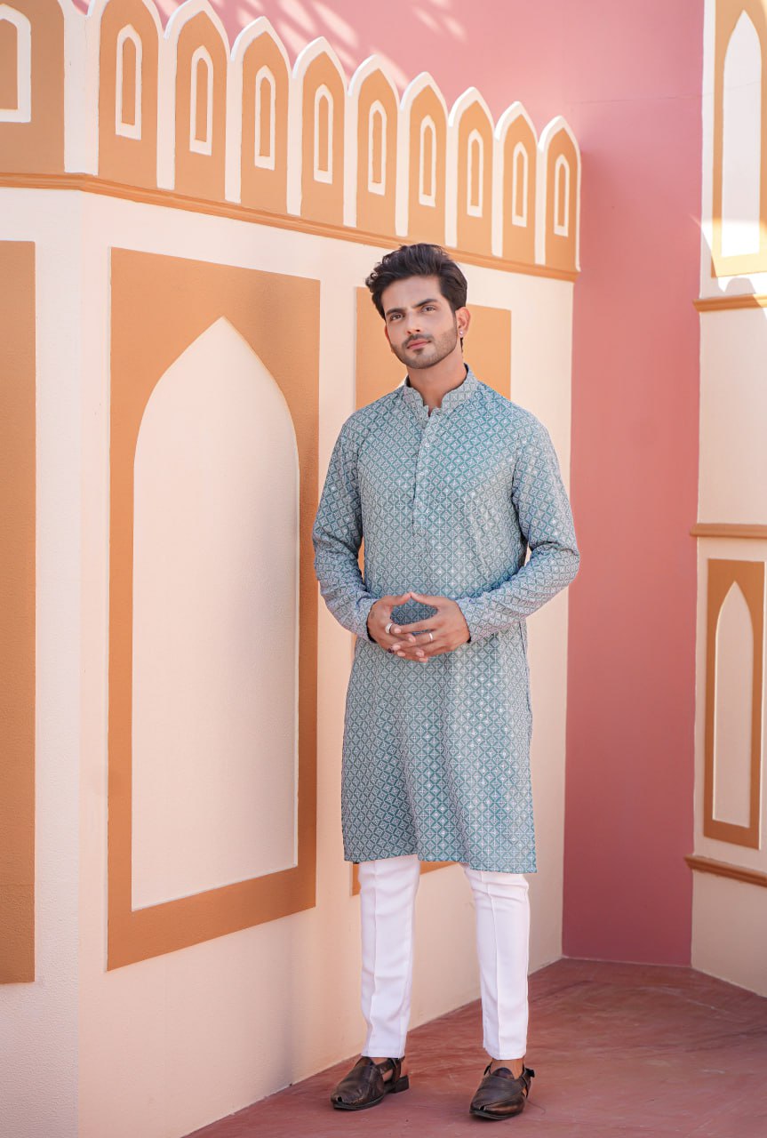 Aqua Green Full Stitched Men Kurta with Heavy Foil Print and Embroidery Work ClothsVilla