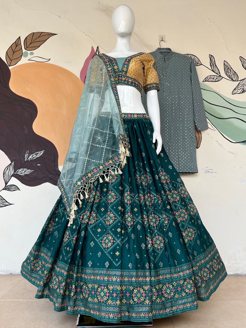 Aqua Green Full Stitched Lehenga Choli Set with Heavy Foil Print and Embroidery Work with Men Kurta Combo ClothsVilla