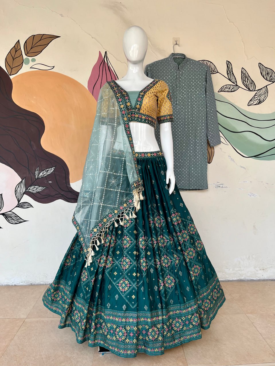 Aqua Green Full Stitched Lehenga Choli Set with Heavy Foil Print and Embroidery Work with Men Kurta Combo ClothsVilla