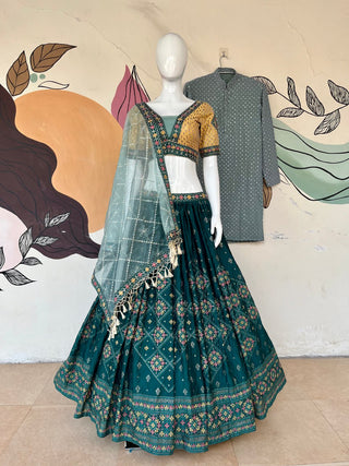 Aqua Green Full Stitched Lehenga Choli Set with Heavy Foil Print and Embroidery Work with Men Kurta Combo ClothsVilla