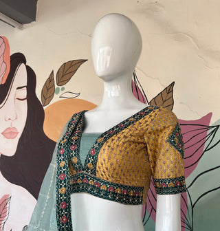 Aqua Green Full Stitched Lehenga Choli Set with Heavy Foil Print and Embroidery Work with Men Kurta Combo ClothsVilla