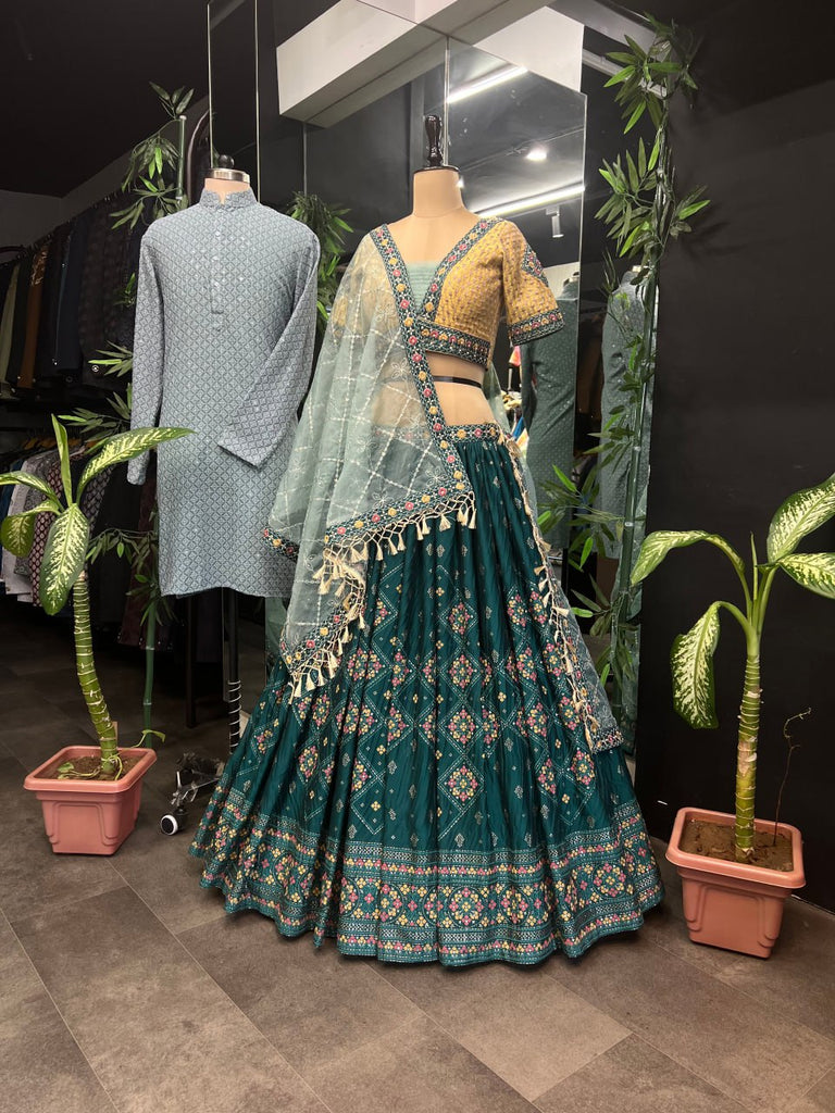 Aqua Green Full Stitched Lehenga Choli Set with Heavy Foil Print and Embroidery Work with Men Kurta Combo ClothsVilla