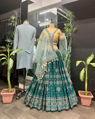 Aqua Green Full Stitched Lehenga Choli Set with Heavy Foil Print and Embroidery Work with Men Kurta Combo ClothsVilla