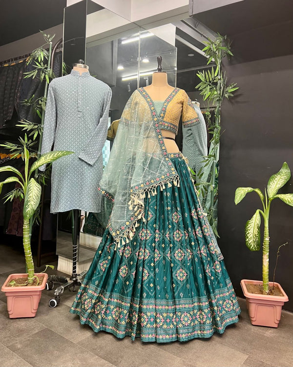 Aqua Green Full Stitched Lehenga Choli Set with Heavy Foil Print and Embroidery Work with Men Kurta Combo ClothsVilla