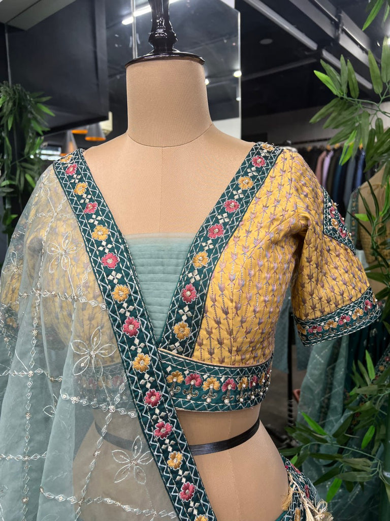 Aqua Green Full Stitched Lehenga Choli Set with Heavy Foil Print and Embroidery Work with Men Kurta Combo ClothsVilla