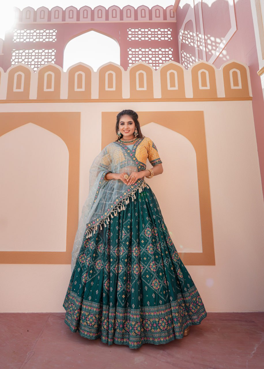 Aqua Green Full Stitched Lehenga Choli Set with Heavy Foil Print and Embroidery Work with Men Kurta Combo ClothsVilla