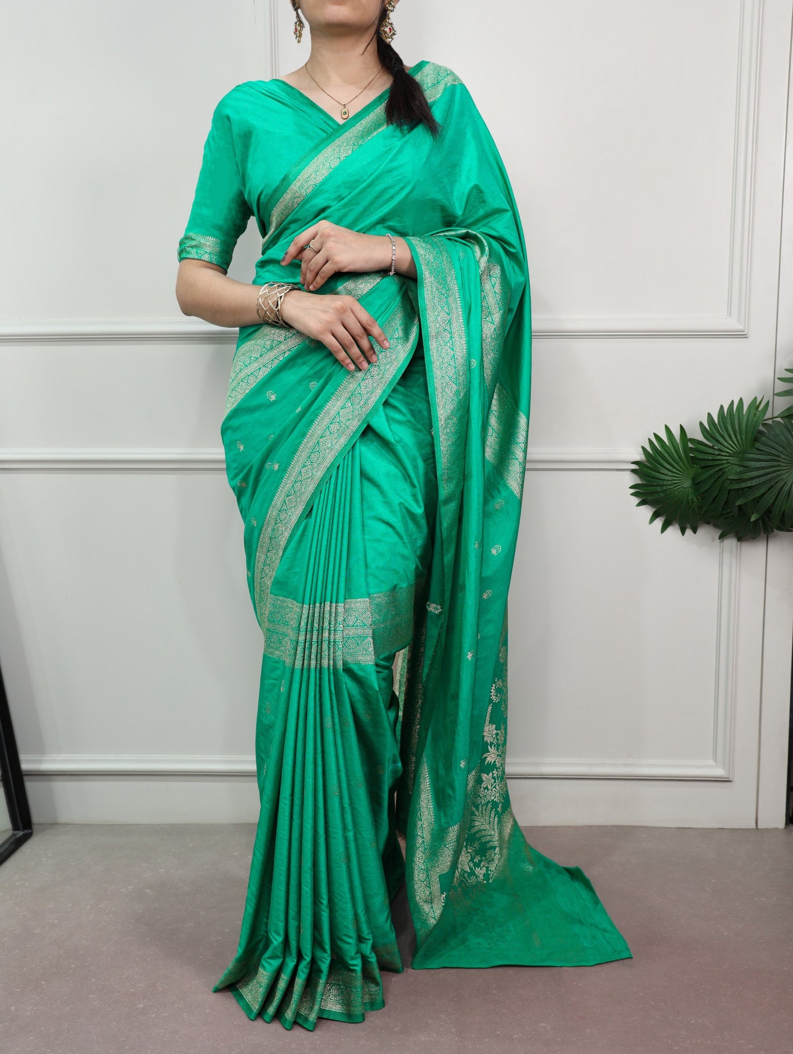Aqua Green Mysore Zari Weaving Saree ClothsVilla