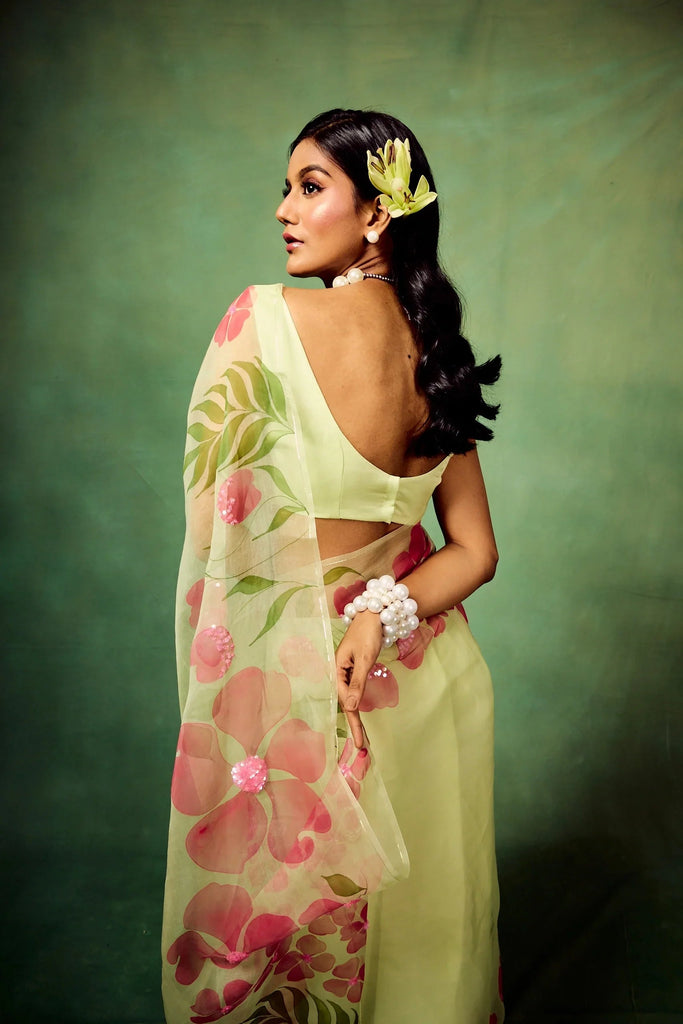 Mint Green Pure Organza Saree with Hand-Painted Pink Floral Motifs & Sequin Detailing | Satin Blouse FANCY SAREES