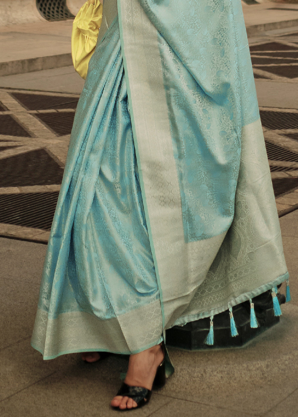 Baby Blue Elegant Satin Silk Blend Saree with Matching Blended Silk Blouse Piece ClothsVilla