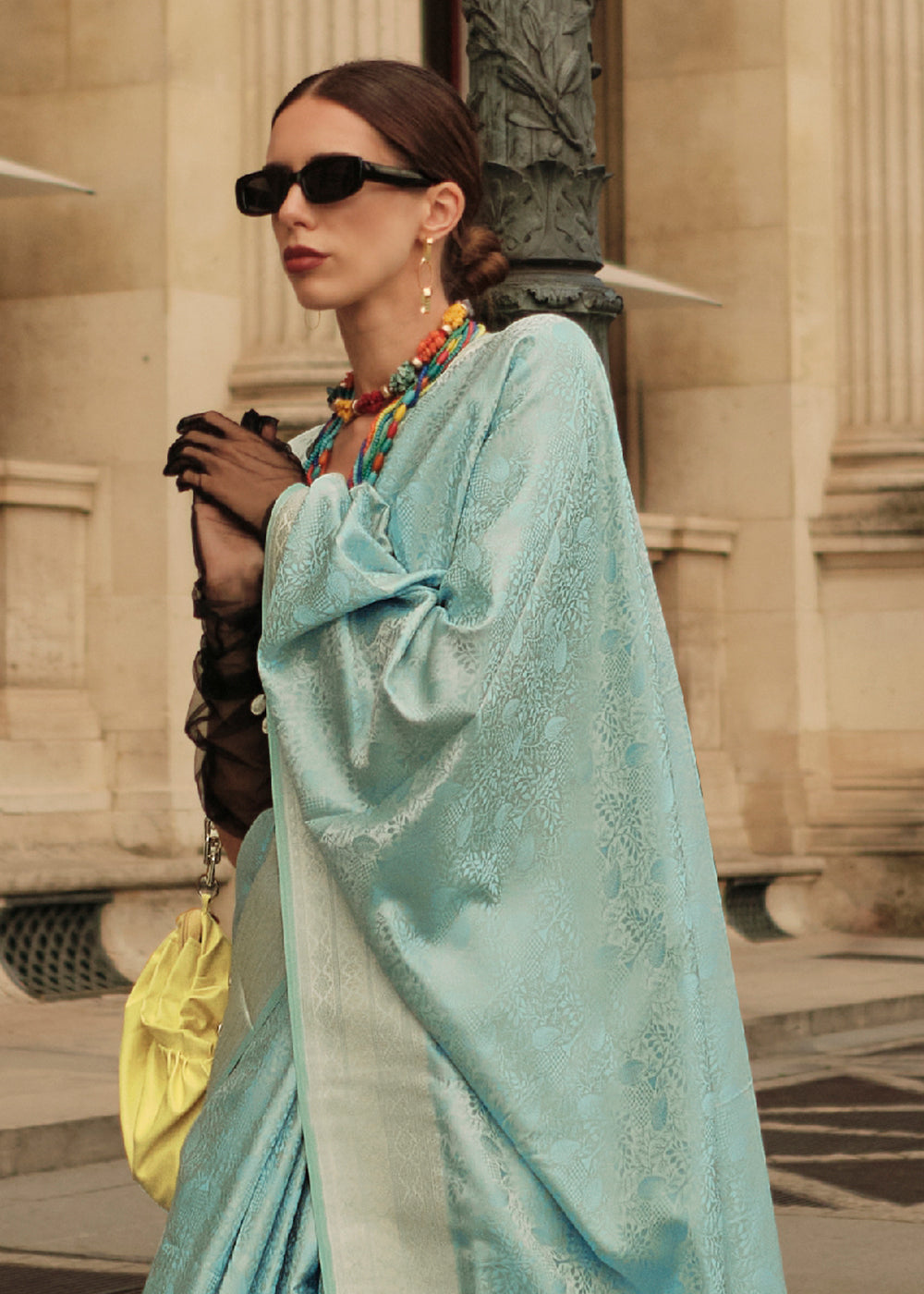 Baby Blue Elegant Satin Silk Blend Saree with Matching Blended Silk Blouse Piece ClothsVilla