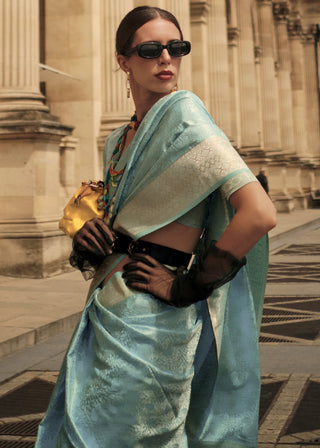 Baby Blue Elegant Satin Silk Blend Saree with Matching Blended Silk Blouse Piece ClothsVilla