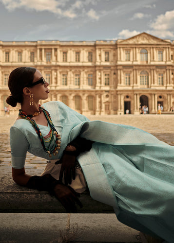 Baby Blue Elegant Satin Silk Blend Saree with Matching Blended Silk Blouse Piece ClothsVilla