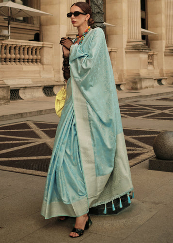 Baby Blue Elegant Satin Silk Blend Saree with Matching Blended Silk Blouse Piece ClothsVilla
