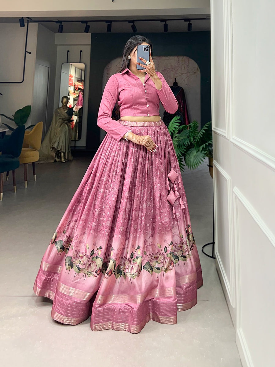 Womens Pink Dola Silk With Foil Print Lehenga Choli Set