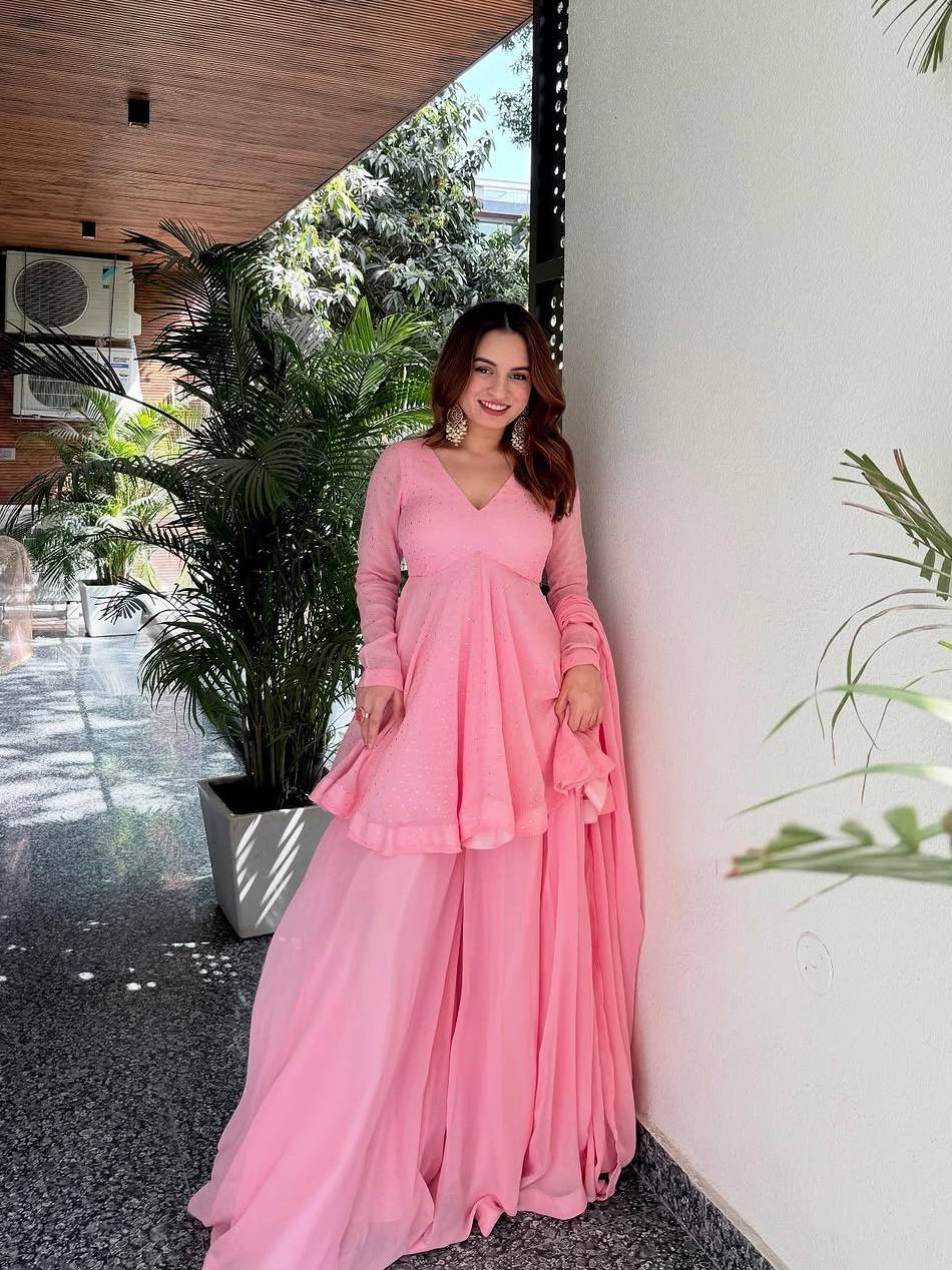 Baby Pink Designer Sharara Suit with ClothsVilla