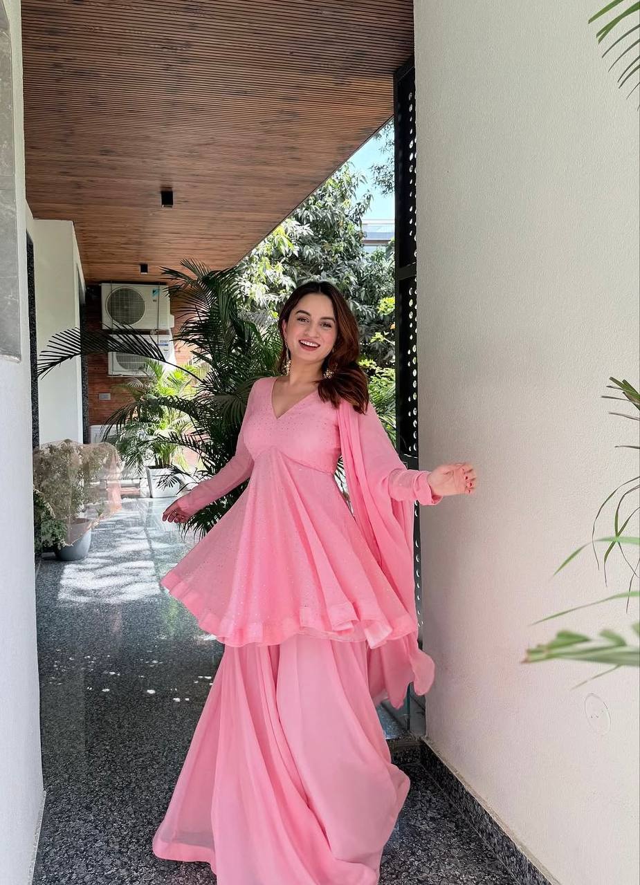 Baby Pink Designer Sharara Suit with ClothsVilla