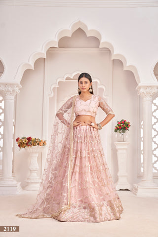Baby Pink Elegant Butterfly Net Lehenga with Zari & Sequence Embroidery Clothsvilla