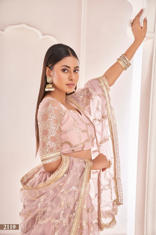 Baby Pink Elegant Butterfly Net Lehenga with Zari & Sequence Embroidery Clothsvilla