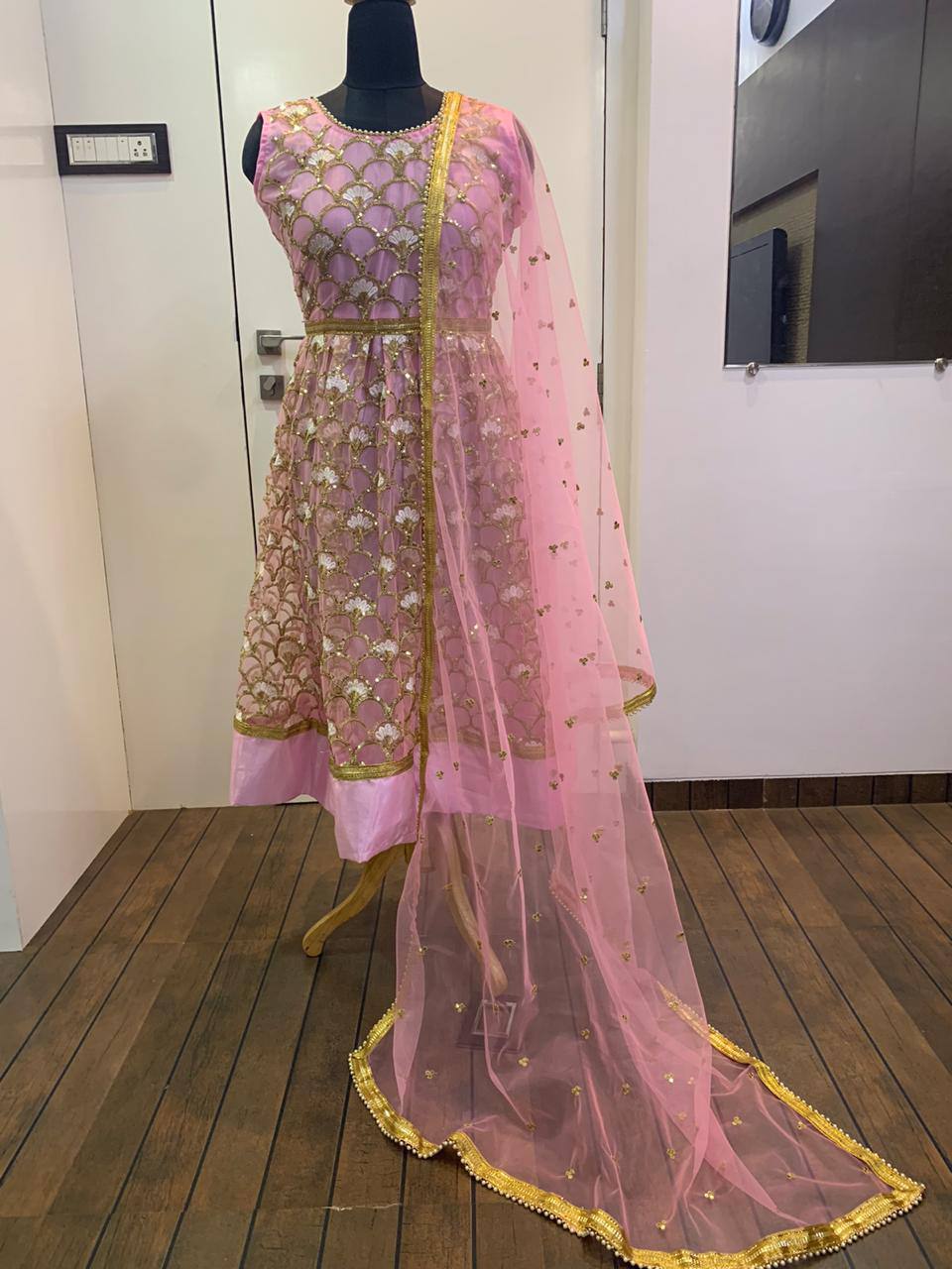 Baby Pink Elegant Festive Net Anarkali Set ClothsVilla