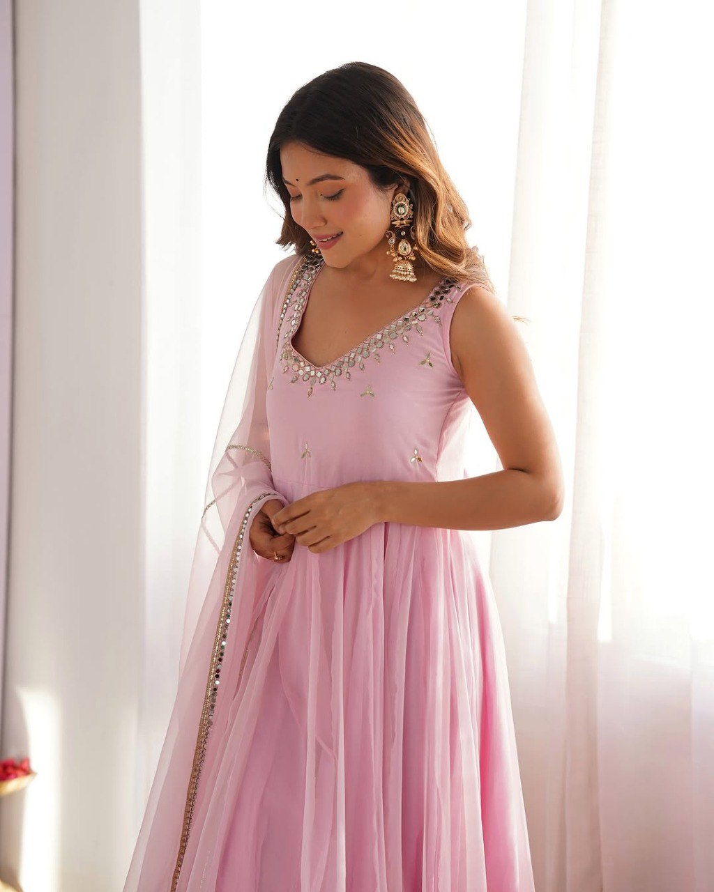 Baby Pink Elegant Georgette Zari & Real Mirror Work Anarkali Set – Fully Stitched Top, Pant & Dupatta with 4-Meter Flair ClothsVilla