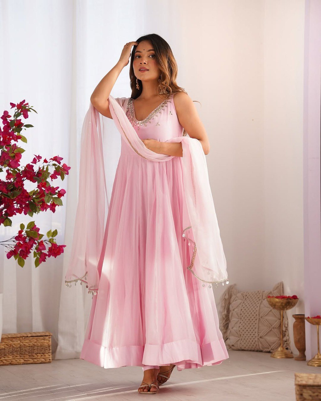 Baby Pink Elegant Georgette Zari & Real Mirror Work Anarkali Set – Fully Stitched Top, Pant & Dupatta with 4-Meter Flair ClothsVilla