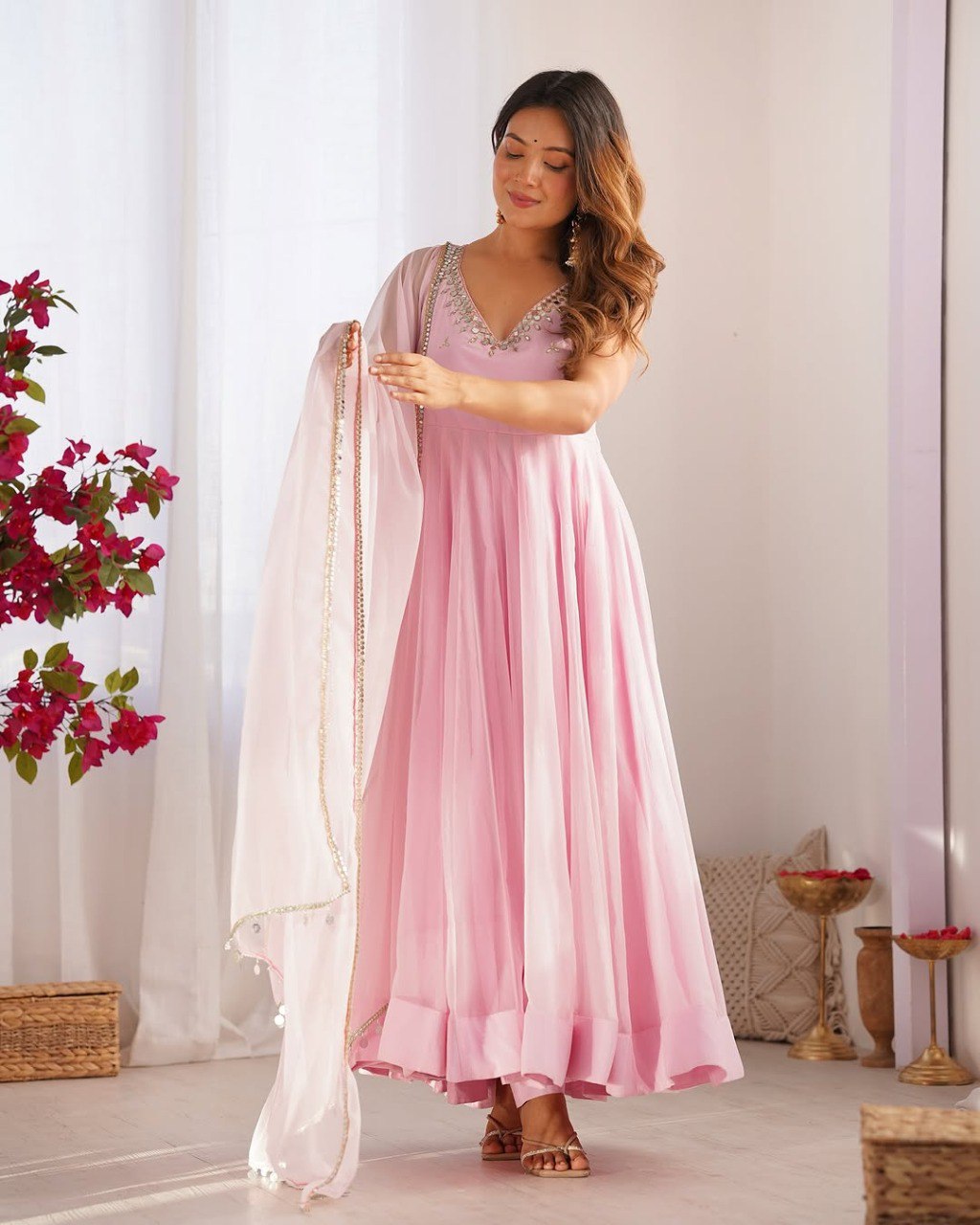Baby Pink Elegant Georgette Zari & Real Mirror Work Anarkali Set – Fully Stitched Top, Pant & Dupatta with 4-Meter Flair ClothsVilla