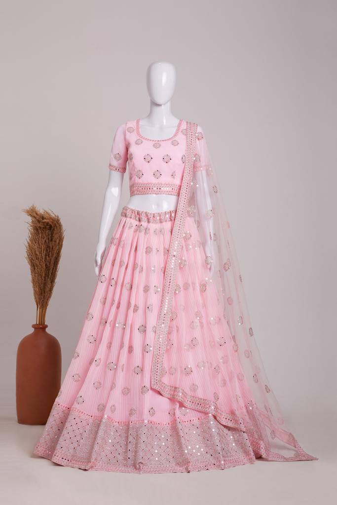 Baby Pink Elegant Heavy Georgette Embroidered Lehenga Set with Sequins & Butterfly Net Dupatta ClothsVilla