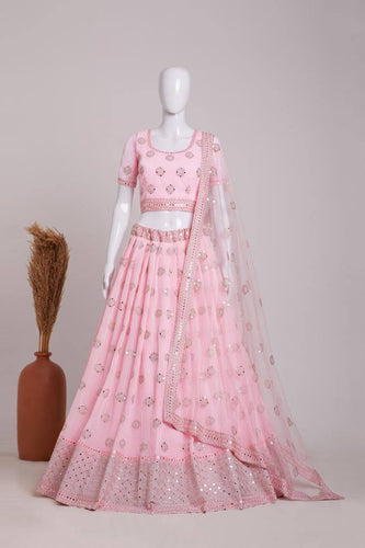 Baby Pink Elegant Heavy Georgette Embroidered Lehenga Set with Sequins & Butterfly Net Dupatta ClothsVilla