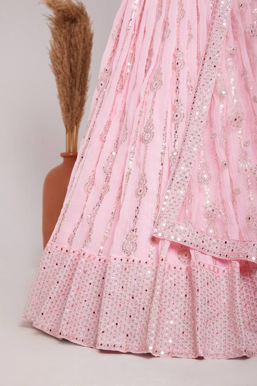 Baby Pink Elegant Heavy Georgette Embroidered Lehenga Set with Sequins & Butterfly Net Dupatta ClothsVilla
