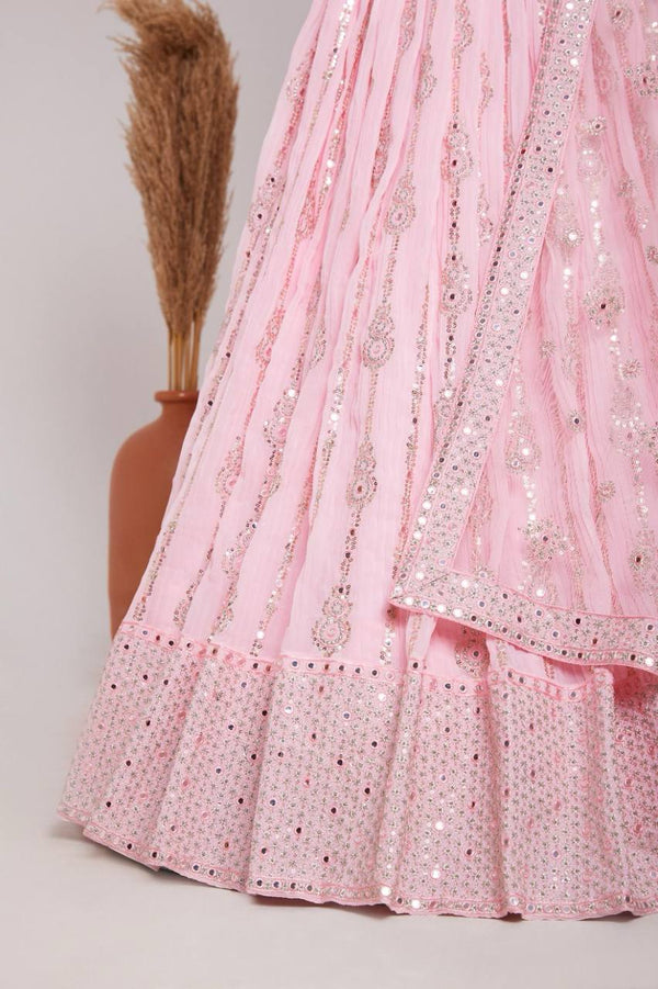 Baby Pink Elegant Heavy Georgette Embroidered Lehenga Set with Sequins & Butterfly Net Dupatta ClothsVilla