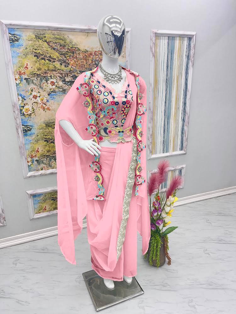 Baby Pink Elegant Wedding & Party Wear 4-Piece Set with Embroidered Belt Clothsvilla