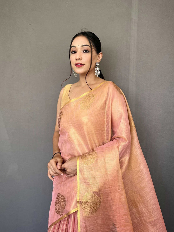 Baby Pink Elegant Woven Tissue Silk Saree with Gold Accents Party & Festive Wear ClothsVilla