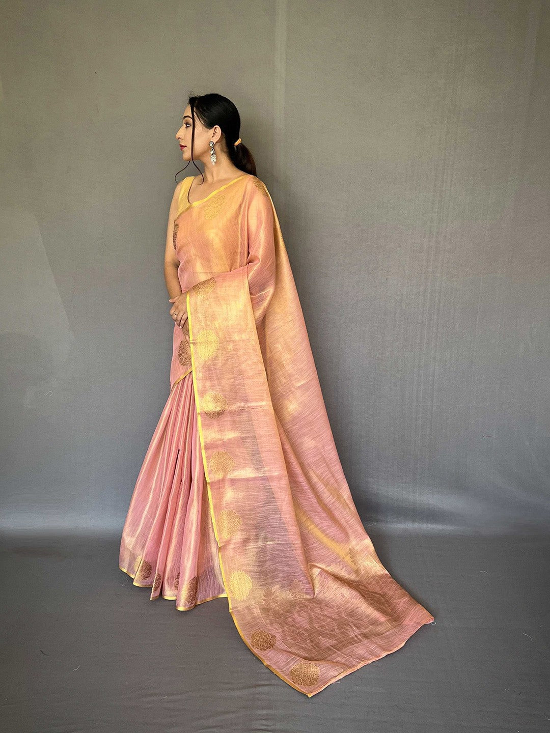 Baby Pink Elegant Woven Tissue Silk Saree with Gold Accents Party & Festive Wear ClothsVilla