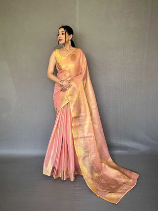 Baby Pink Elegant Woven Tissue Silk Saree with Gold Accents Party & Festive Wear ClothsVilla