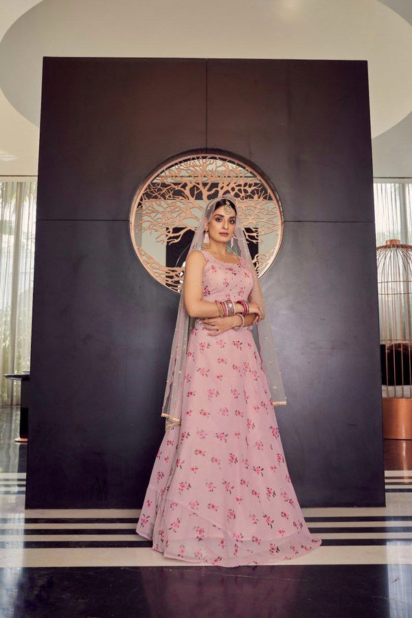 Baby Pink Floral Digital Printed Georgette Lehenga Set with Sequins Net Dupatta – Semi-Stitched Lehenga & Unstitched Blouse ClothsVilla