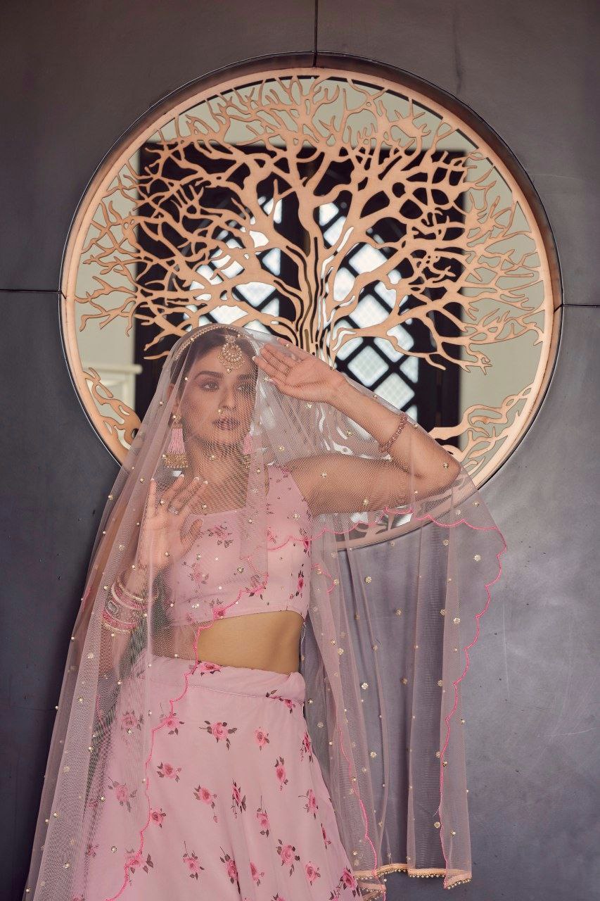 Baby Pink Floral Digital Printed Georgette Lehenga Set with Sequins Net Dupatta – Semi-Stitched Lehenga & Unstitched Blouse ClothsVilla