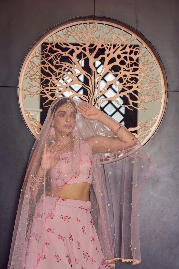 Baby Pink Floral Digital Printed Georgette Lehenga Set with Sequins Net Dupatta – Semi-Stitched Lehenga & Unstitched Blouse ClothsVilla