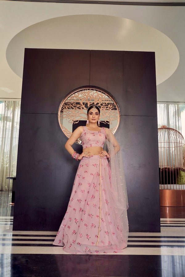 Baby Pink Floral Digital Printed Georgette Lehenga Set with Sequins Net Dupatta – Semi-Stitched Lehenga & Unstitched Blouse ClothsVilla