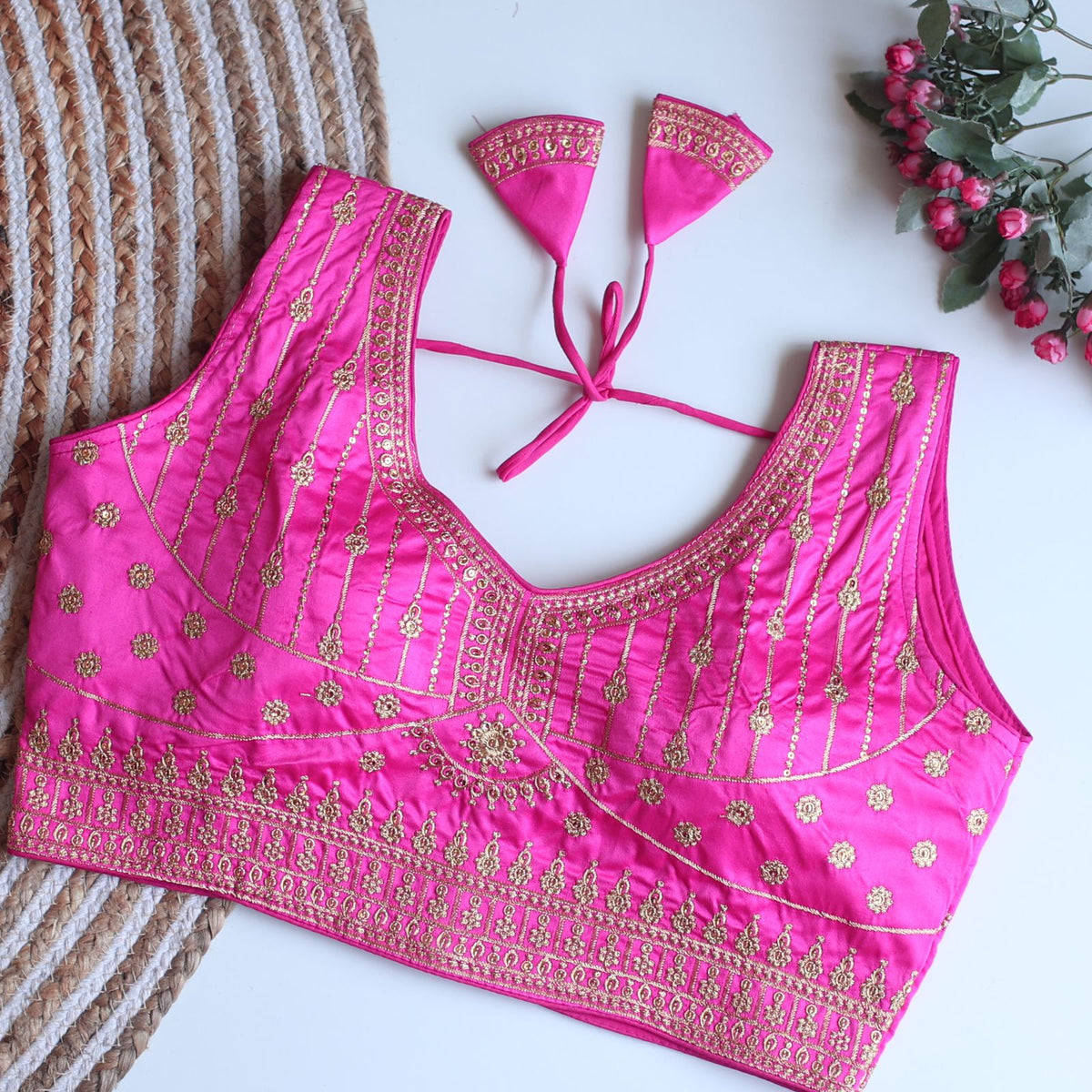 Baby Pink Full Embroidery Monsoon Silk Blouse with Golden Sequin Design ClothsVilla Main image