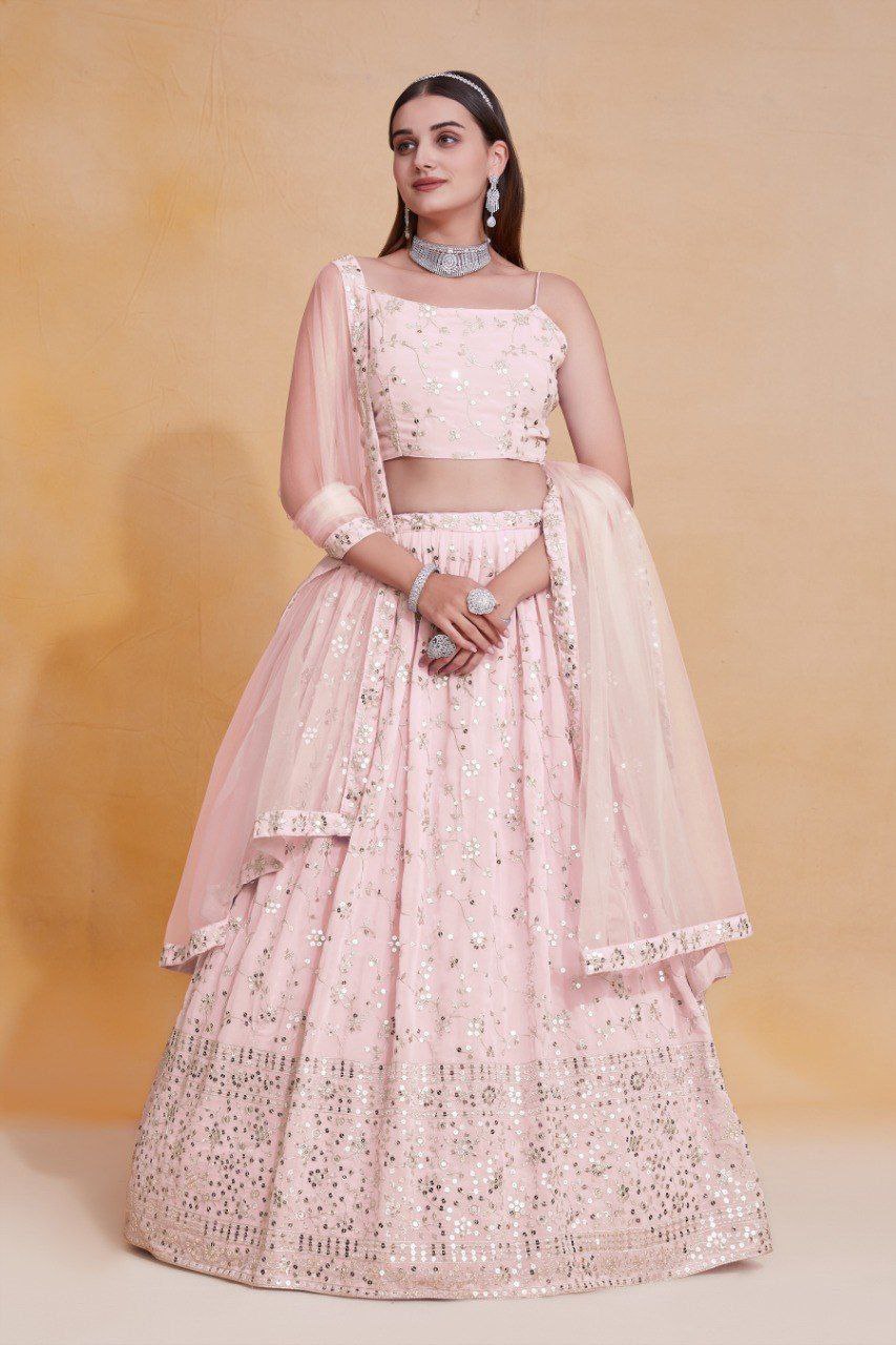 Baby Pink Georgette Zari & Sequin Embroidered Semi-Stitched Lehenga Choli with Soft Net Lace Border Dupatta ClothsVilla
