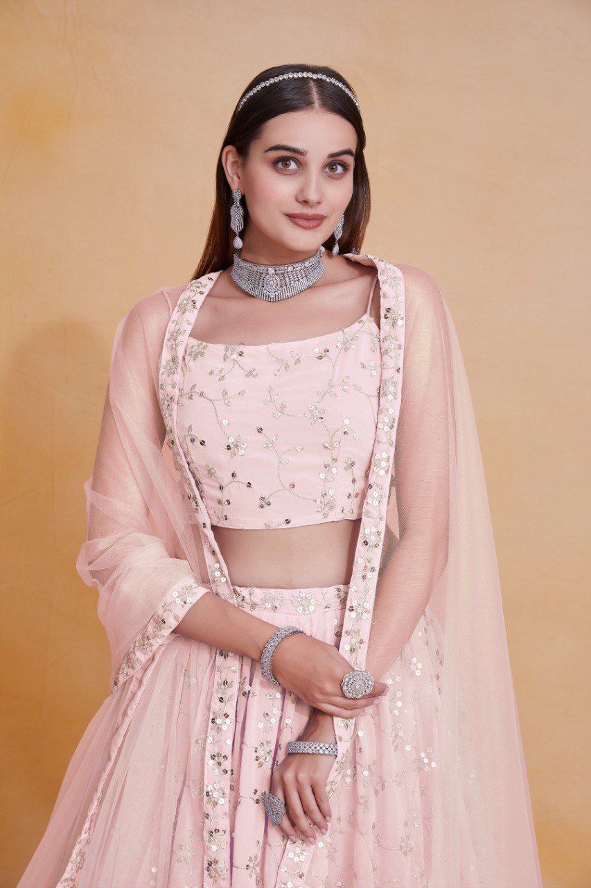 Baby Pink Georgette Zari & Sequin Embroidered Semi-Stitched Lehenga Choli with Soft Net Lace Border Dupatta ClothsVilla