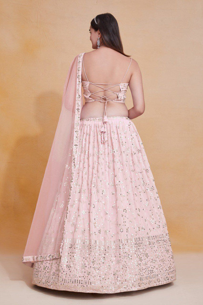 Baby Pink Georgette Zari & Sequin Embroidered Semi-Stitched Lehenga Choli with Soft Net Lace Border Dupatta ClothsVilla